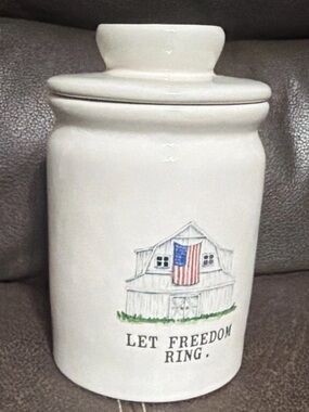 Rae Dunn White Ceramic Canister with Barn and Flag Illustration